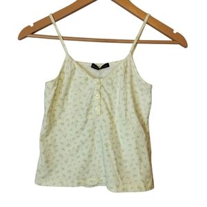 BRANDY MELVILLE Floral Print Spaghetti Strap Top - White/Olive Green